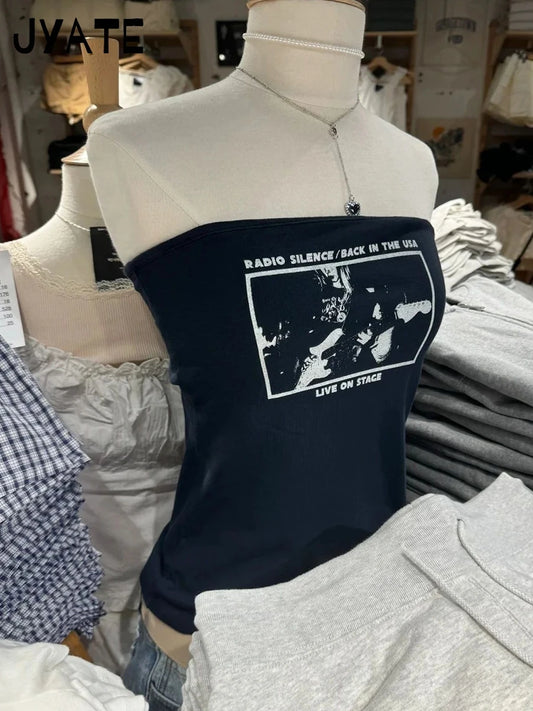 Harajuku Guitarist Print Strapless Vests Women New Cotton Sexy Slim Casual Cropped Camisole American Vintage Chic Tank Tops Y2K