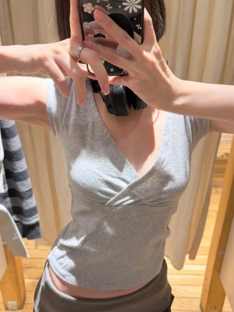 Gray Deep V-neck Cotton T-shirts Women Summer Casual Simple All-match Slim Sleeveless Tshirt Sweet Ballecore Cute Crop Tops Y2K