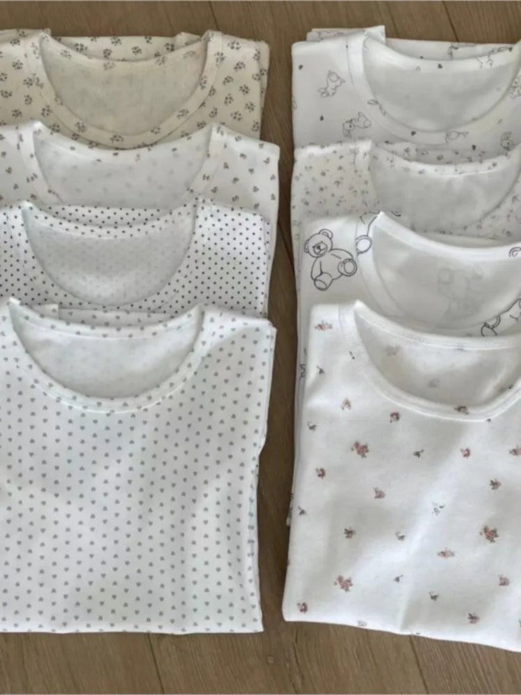 Eyelet Floral Print T-shirt Woman Summer Cotton Basic Round Neck Short Sleeve Tee Shirts Cute Sweet All-match Tshirt Y2K Tops