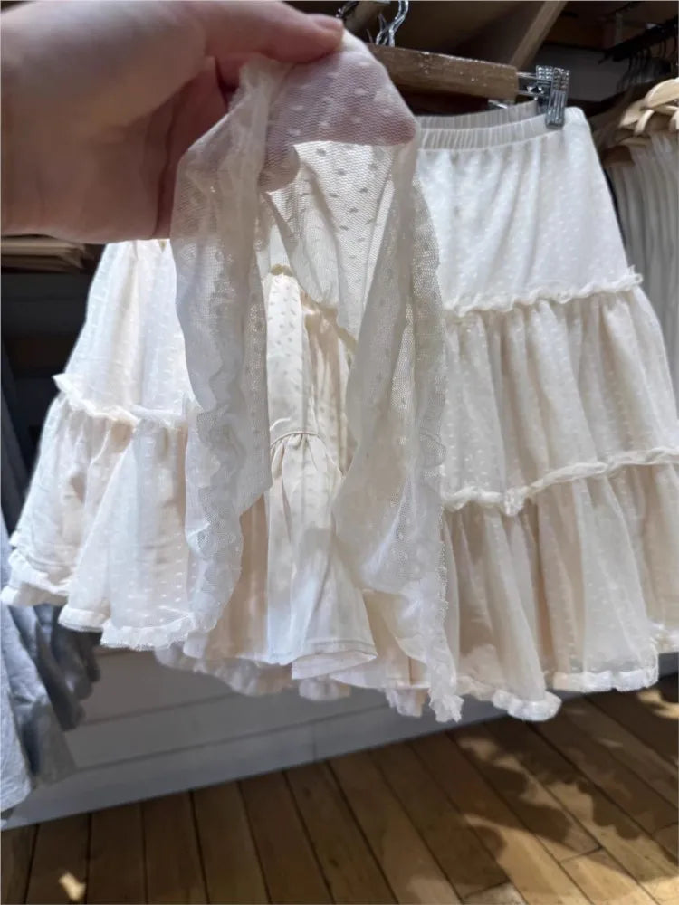 Jacquard Mesh Polka Dot Knee Length Skirts Woman Elastic Waist Ruffles A-line Short Faldas Sweet Preppy Style Beige Skirt Y2K