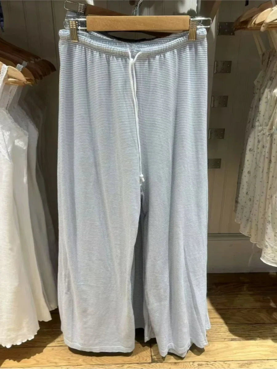 Blue Striped Drawstring Straight Long Pants Women Casual Cotton Soft High Waist Trousers Simple Sweet Vintage Home Pajama Pants