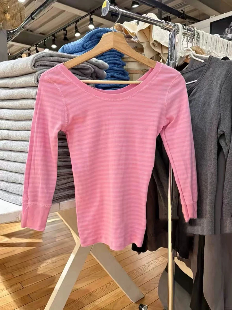 Rose Pink Striped T-shirts Women Casual Streetwear U Collar Slim Cotton Three Quarter Tees Sweet Cute Preppy Style Tshirt Y2K