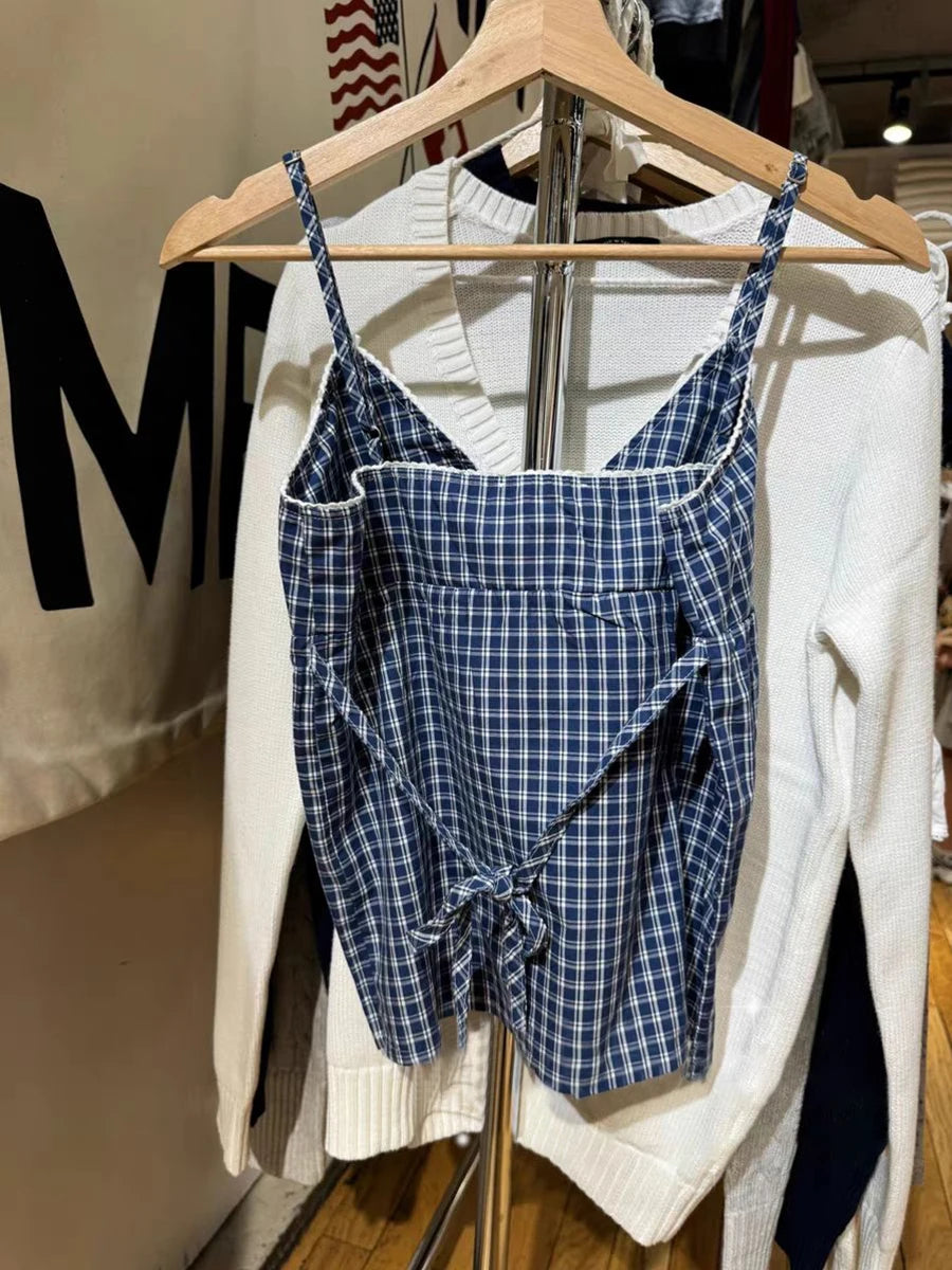 Sweet Blue Plaid Lace-up Tank Top Women Summer New Cotton Lace Trim Bow V-Neck Sleeveless Camis Vintage Cute Chic Crop Tops Y2K