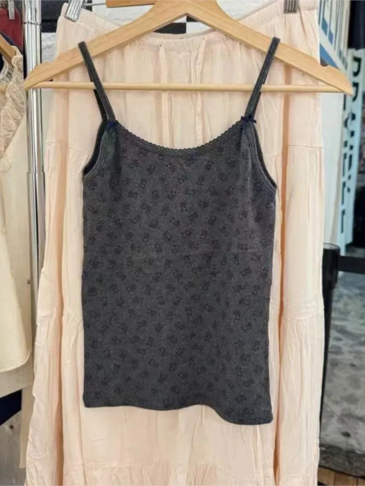 Gray Bear Print Bow Tank Tops Women New Lace Trim Slim Cotton Preppy Style Sleeveless Vests Vintage Cute Streetwear Y2K Camisole