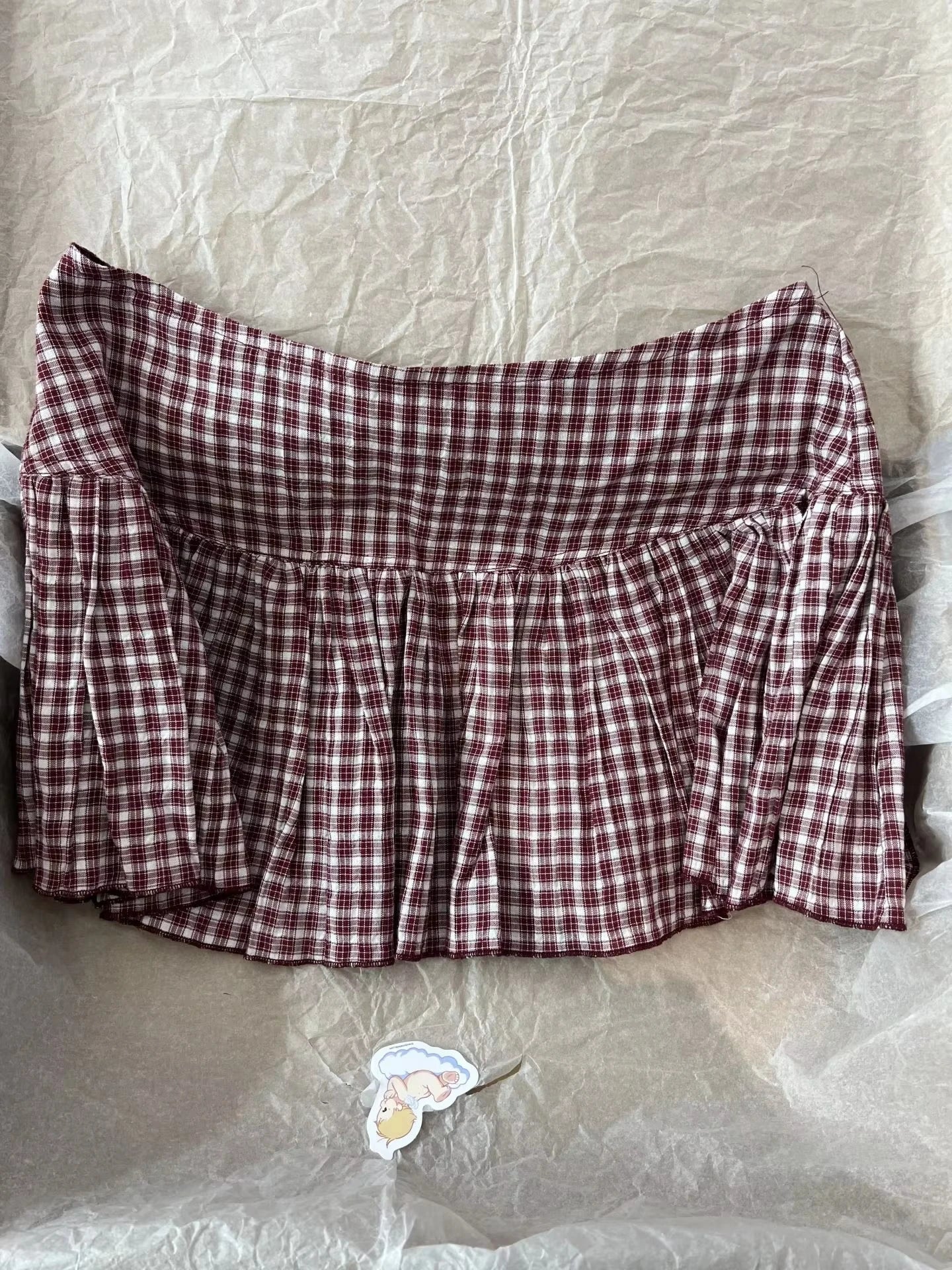 Red Plaid A-line Shirks Women Cotton High Waist Elastic Ruffles Hem Sweet Mini Skirts Vintage Cute Streetwear Falda