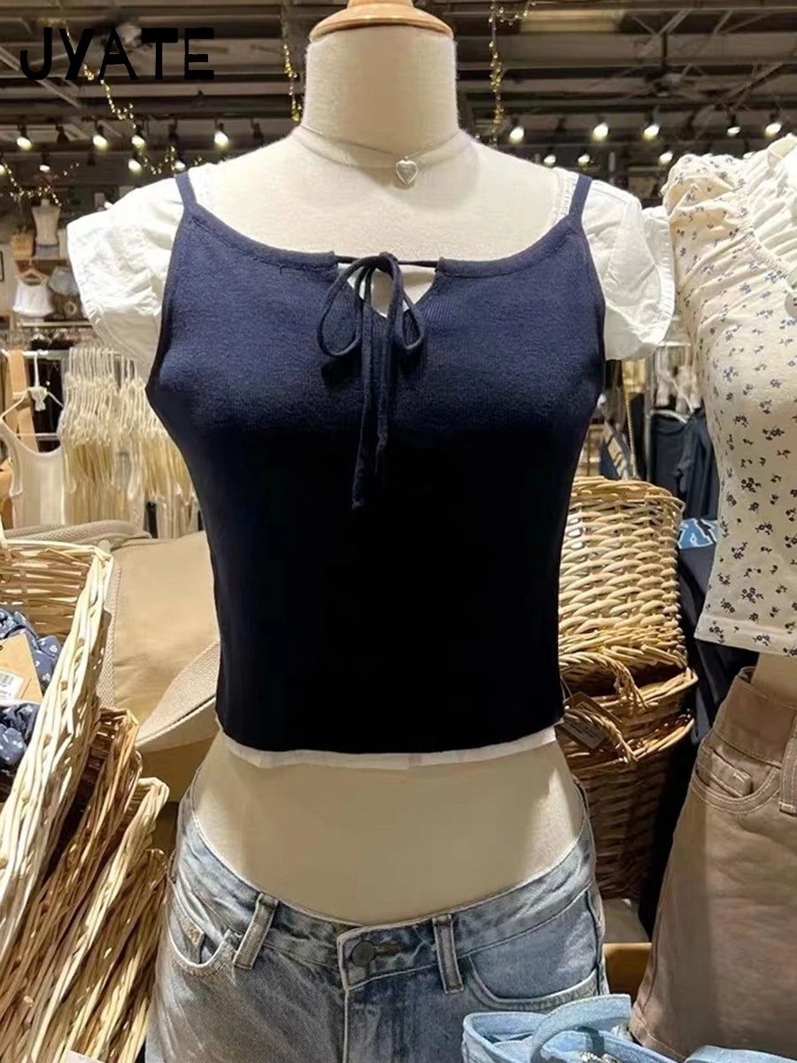 Navy Blue Knitted Cropped Vests Women New Summer Strap U-neck Casual Simple Sleeveless Tank Tops Sweet Cute VIntage Camisole Y2K