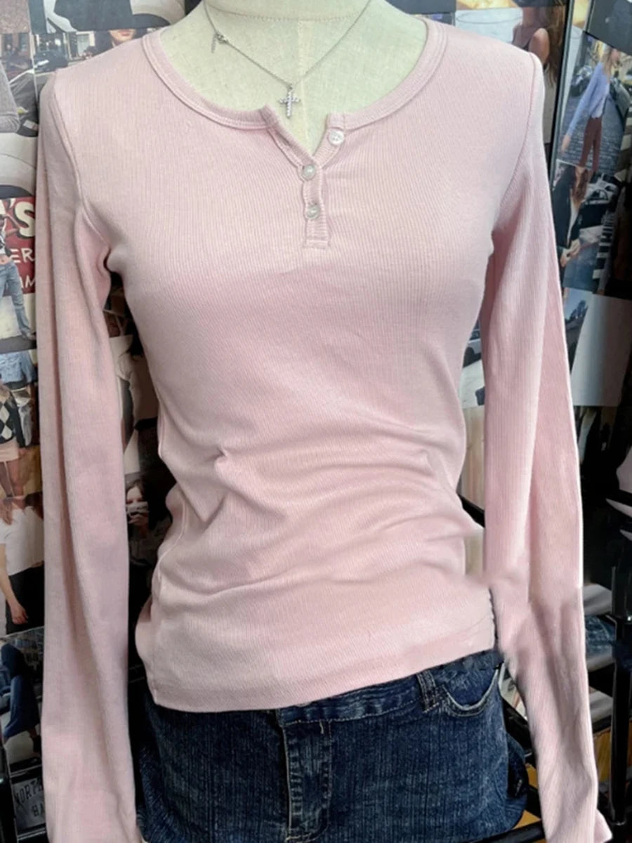 Sweet Solid Button Ribbed T-shirts Women Autumn Cotton Soft Elegant Long Sleeve Tees Female Chic Streetwear Basic Tops Clothes