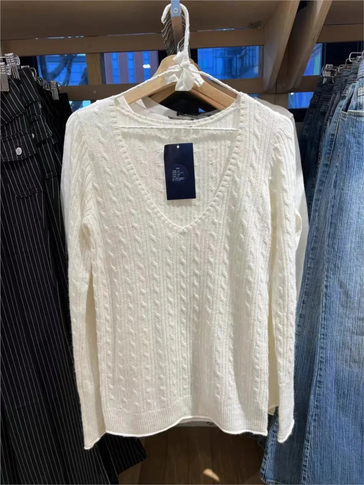 New Beige Twisted Flower Thin Knitted Sweater Women V-Neck Long Sleeve Jumpers Spring Sweet Cute Preppy Style Sweater Top