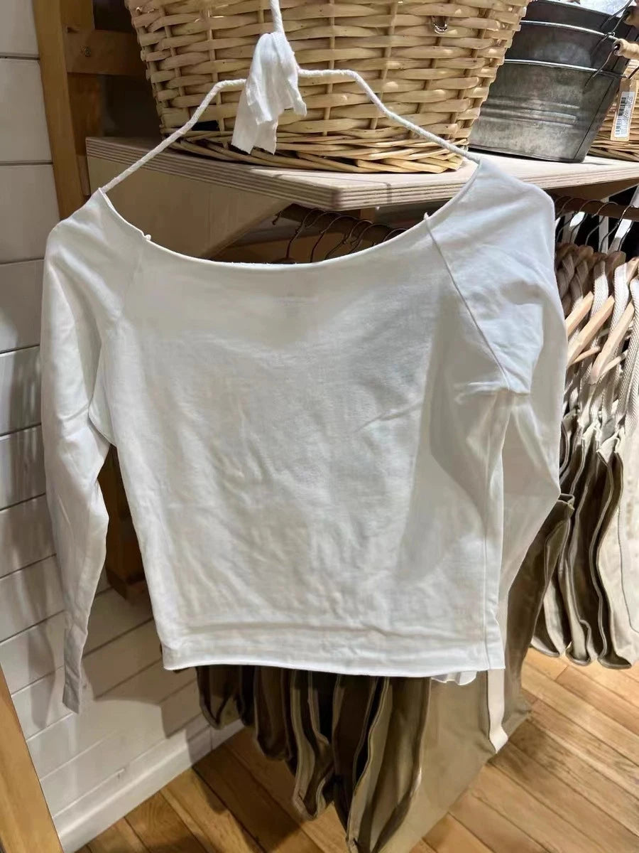 Letter Print SexySlash Neck Long Sleeve Tees Women Cotton Slim Raw Hem Streetwear Casual Tops Vintage Simple Chic Y2K T-shirts