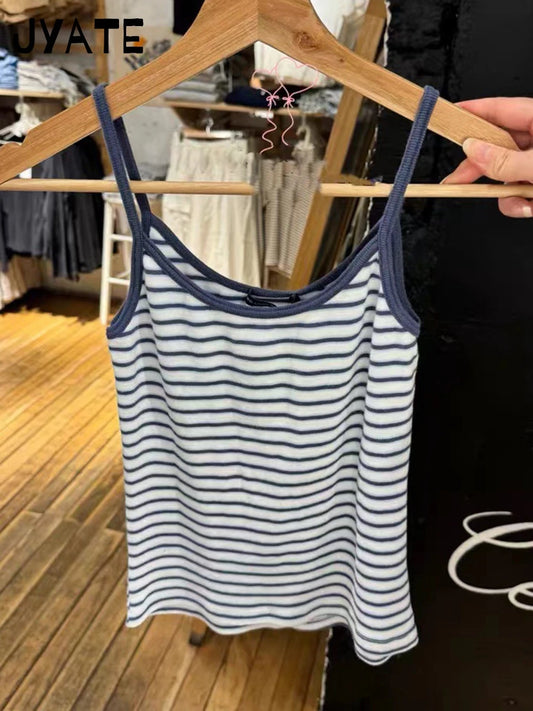 American Striped Patchwork Slim Tank Tops Women New Cotton Casual Simple Sleeveless Vests Vintage Streetwear Chic Camisole Y2K
