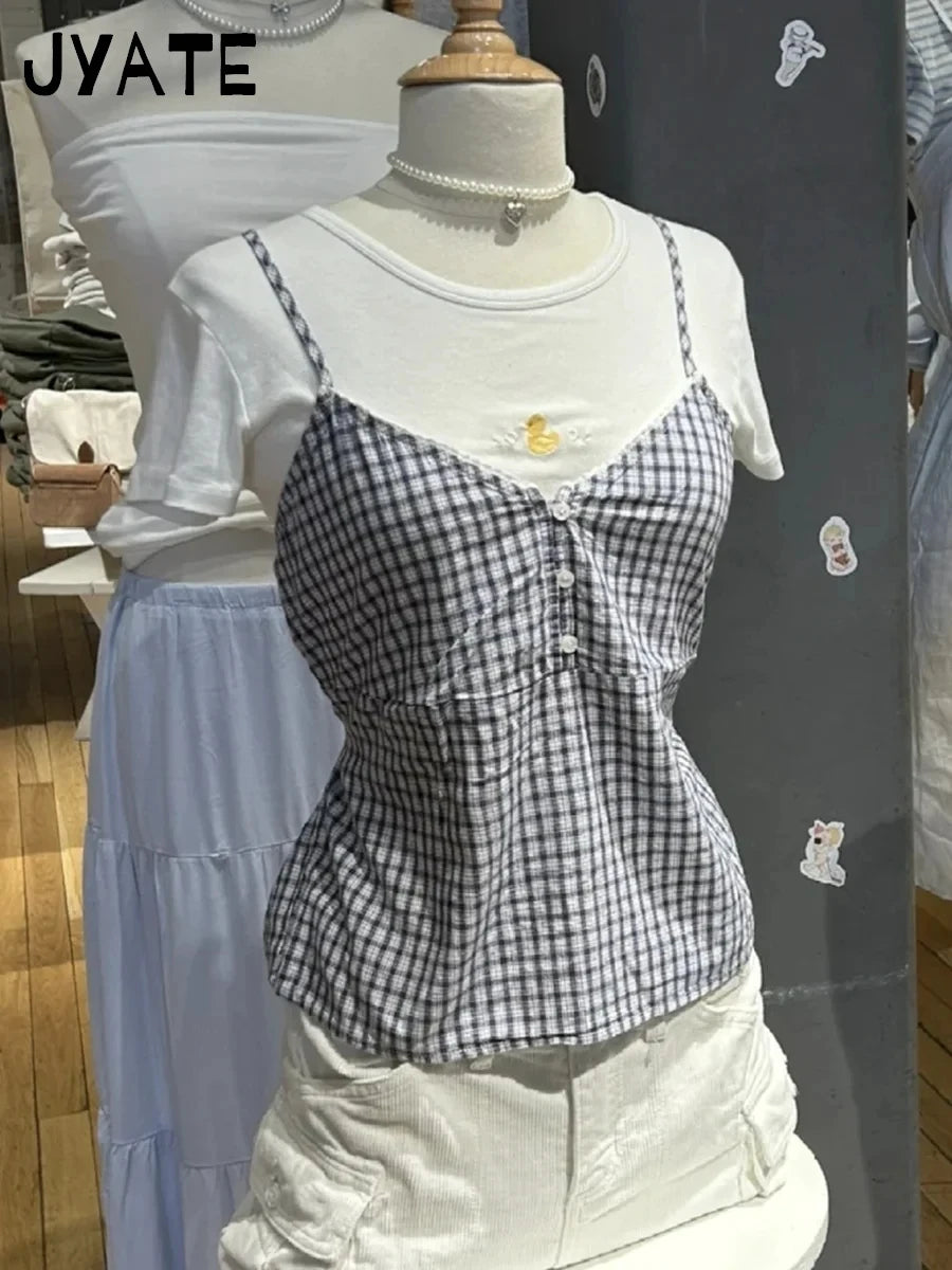 Lace Trim Navy Plaid Tank Shorts 2 Piece Sets Women New Buttons Lace-up Camis+Drawstring Sweatshorts Vintage Chic Sweet Home Set