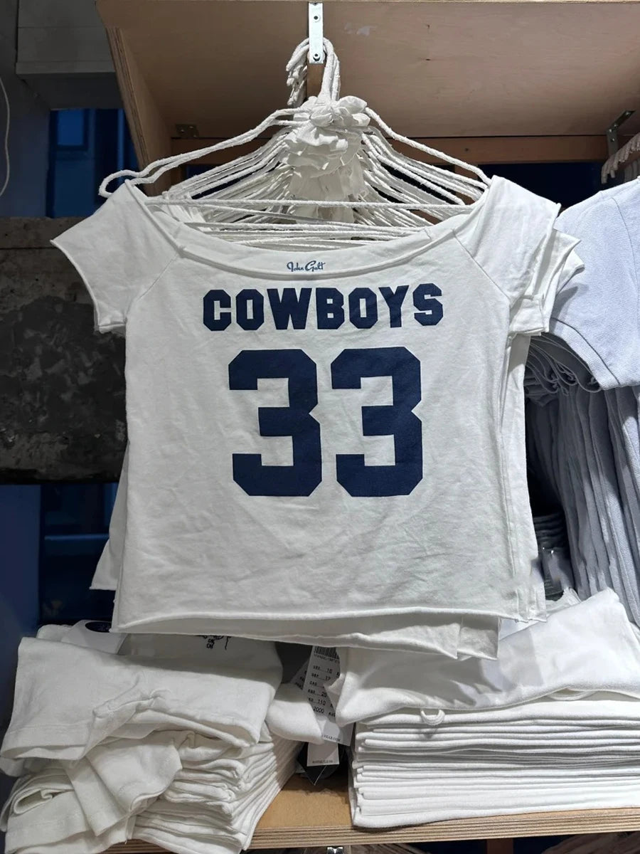 NO.33 Print Raw Trim Slim Crop Top Women Sexy Slash Neck Short Sleeve Cotton Cropped Tee Shirt American Vintage Sweet T-Shirts