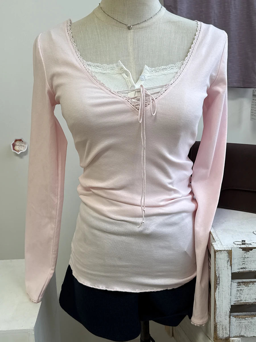 Purple Lace Trim V-neck T-shirts Women Spring Streetwear Chic Cotton Lace-up Long Sleeve Tees Sweet Cute Preppy Style Tshirt Y2K