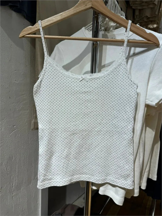 Vintage Dot Eyelet Slim Tank Top Women Summer Lace Trim Sleeveless Cotton Crop Tops Sweet Cute Preppy Style Cropped Camisole Y2K