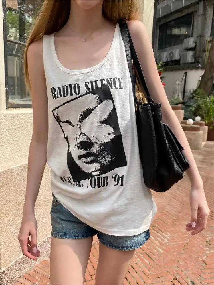Letter Print Loose Long Tank Tops Women Summer Slub Cotton U Collar Sleeveless Vest American Vintage Preppy Style Camisole Y2K
