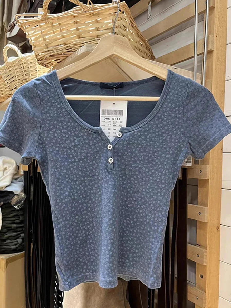 White Eyelet Buttons Slim T-shirts Women New Casual Pink Floral O-neck Short Sleeve Tees Sweet Preppy Style Cute Crop Tops Y2K