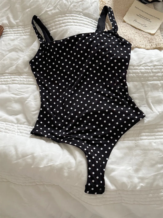 Polka Dot Slim Yoga Playsuits Women Chic High Elasticity Adjustable Strap Skinny Bodysuit Vintage Sweet Smooth One-piece Tops