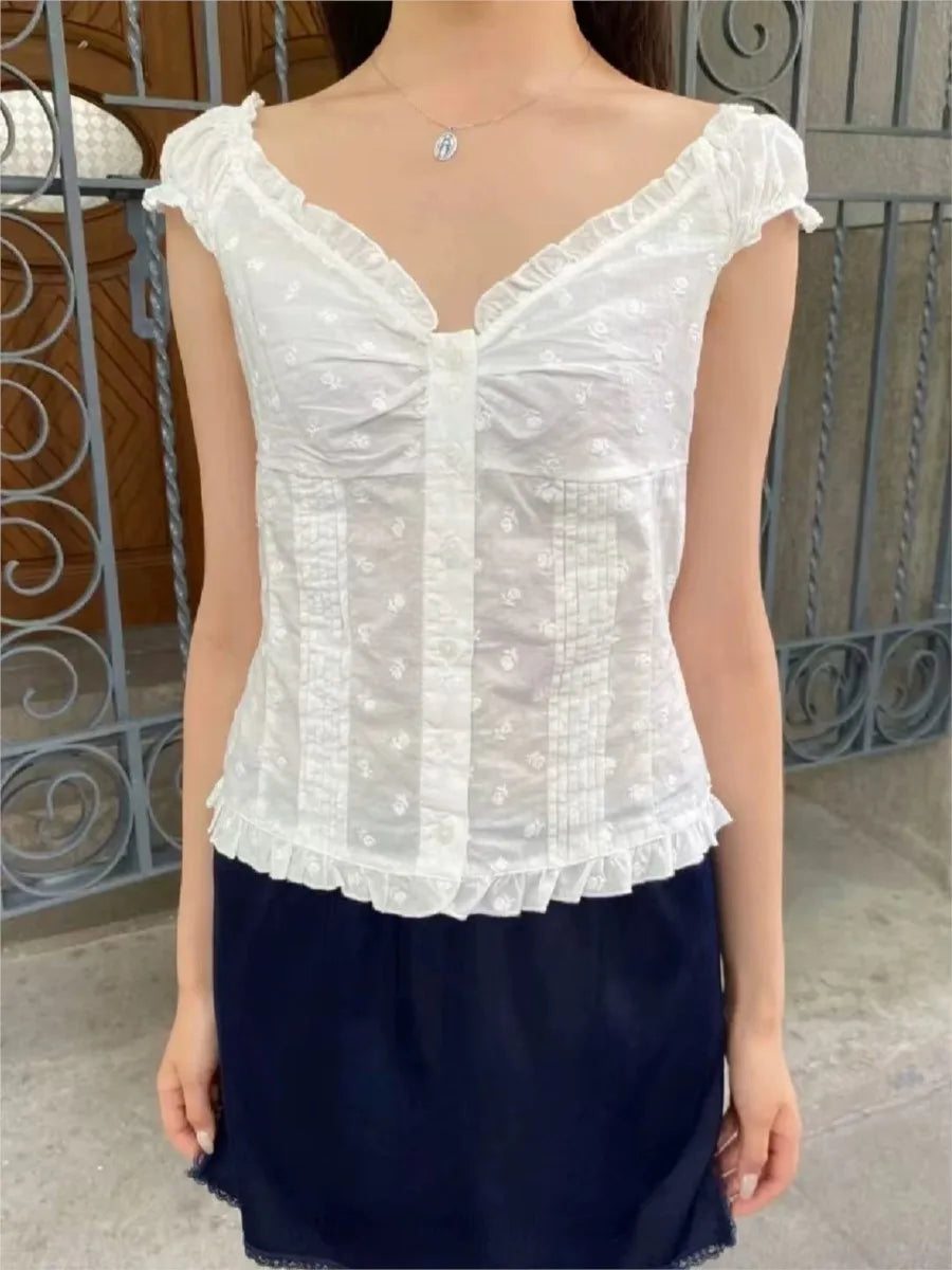 Floral Embroidery Folds Blouse Top Women Summer Single Breasted Ruffle Sleeveless Tank Tops Vest Sweet Cute American Camis New