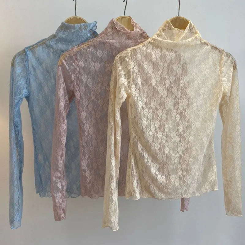 Sexy See-through Long Sleeve Tees Women New Street Slim Half turtleneck Lace Floral T-shirts Vintage Chic Party Tops Y2K Tshirts