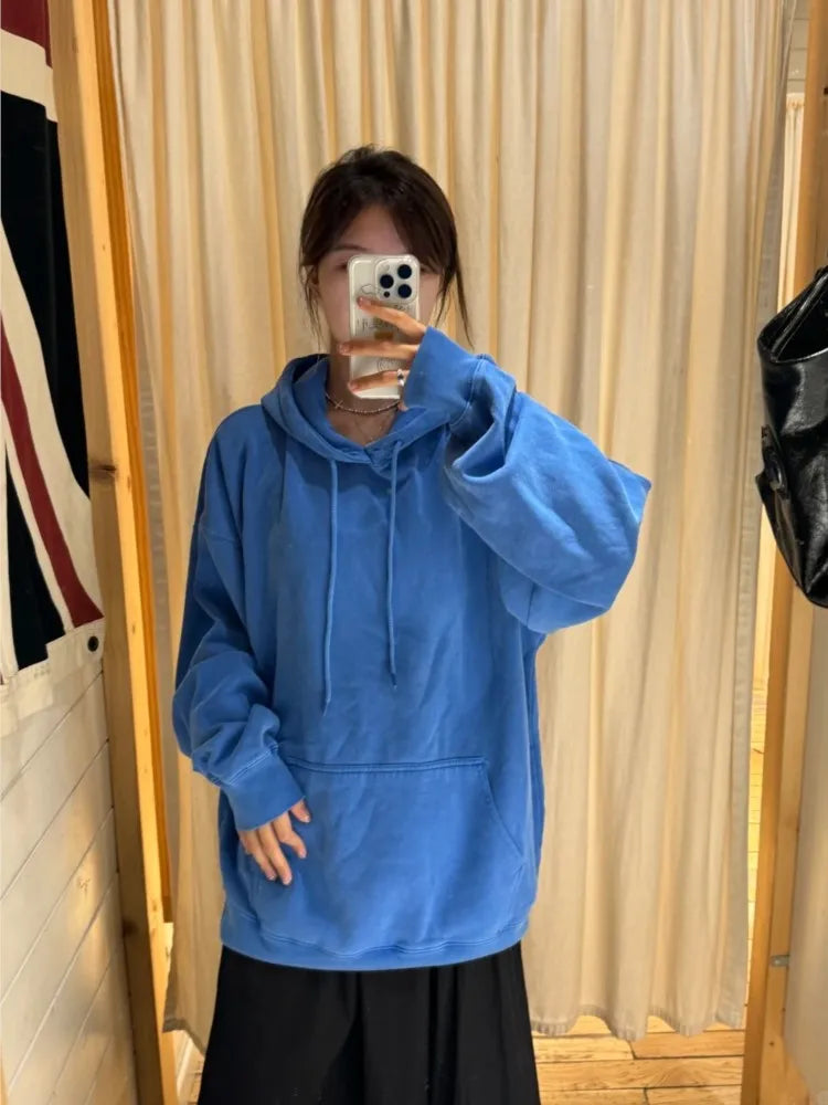 Electric Blue Loose Sweatshirts Women Autumn Preppy Style Warm Cotton Casual Pullover Top Fashion Chic Oversize Y2K Hoodies New
