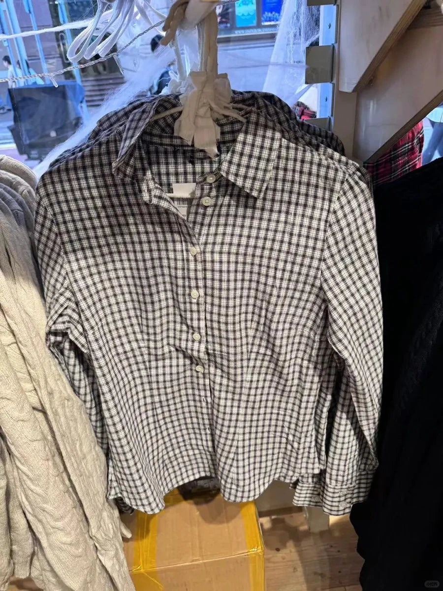 Casual Plaid Buttons Slim Blouse T-shirts Women Turn down Collar Long Sleeve Tees Girls Cute Sweet Preppy Style Y2K Crop Tops