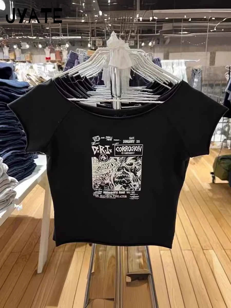 Letter Patchwork Embroidery T-shirts Women Casual Simple Raw Hem Slash Neck Short Sleeve Tees Vintage Chic Sweet Crop Tops Y2K