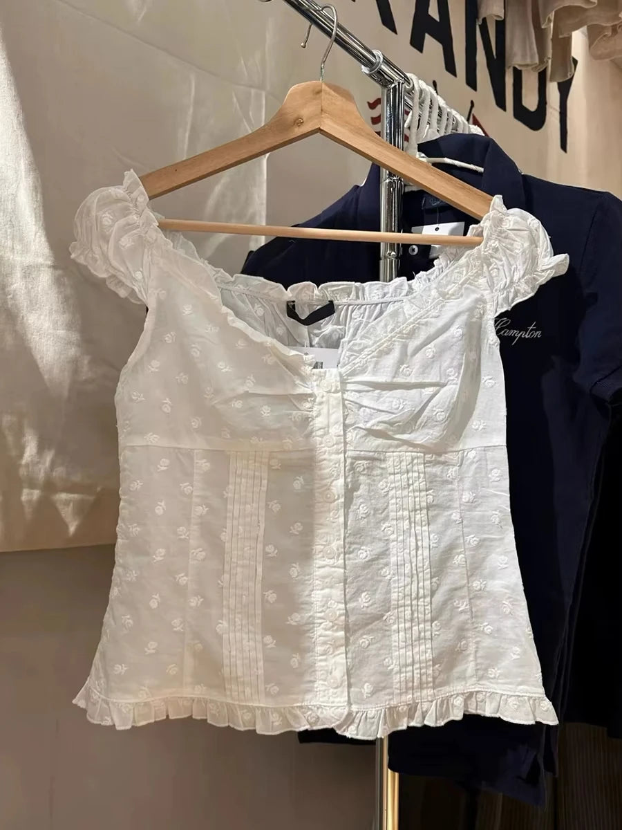Red Floral Folds Buttons Blouse Vests Women New Casual Single Breasted Ruffle Sleeveless Tank Tops Sweet Cute Elegant Camis OOTD