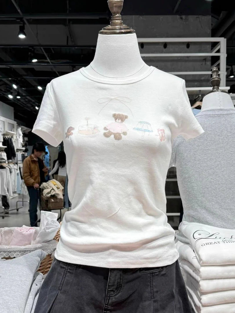 Cartoon Print Slim T-shirts Woman Summer Casual O-neck Cotton Short Sleeve T-shirts Female Cute Sweet Preppy Style Tee Tops y2k