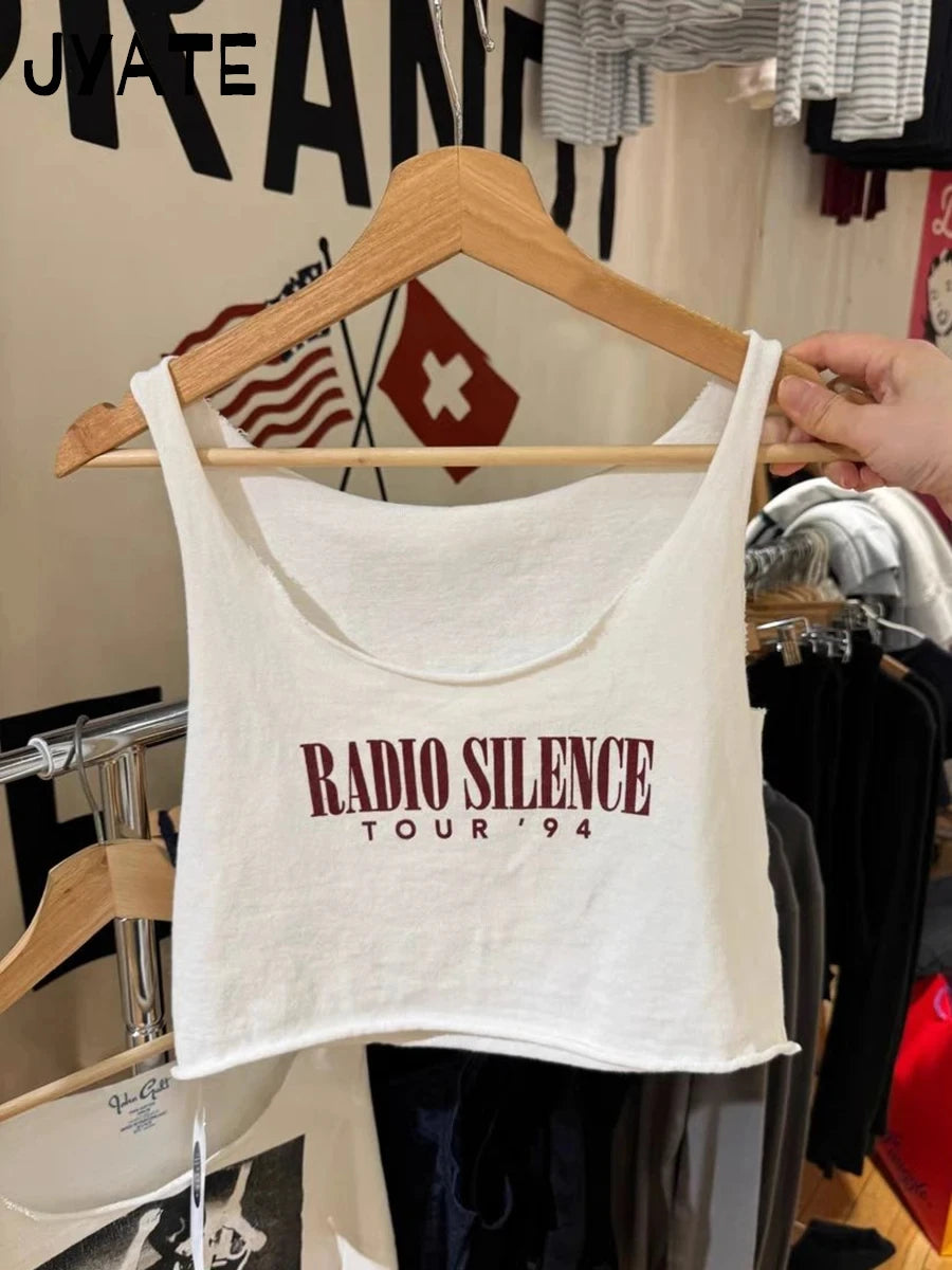 Guitar Print Raw Hem Cropped Vests Women New Fashion Cotton Casual Preppy Style Sleeveless Crop Top Vintage Sweet Tank Tops Chic