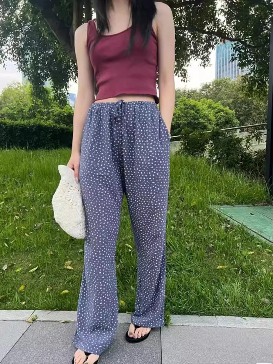 Floral Print Casual Long Pants Women New Chic Cotton Soft Simple Elastic High Waist Trousers Vintage Sweet Cute Sweatpants Y2K