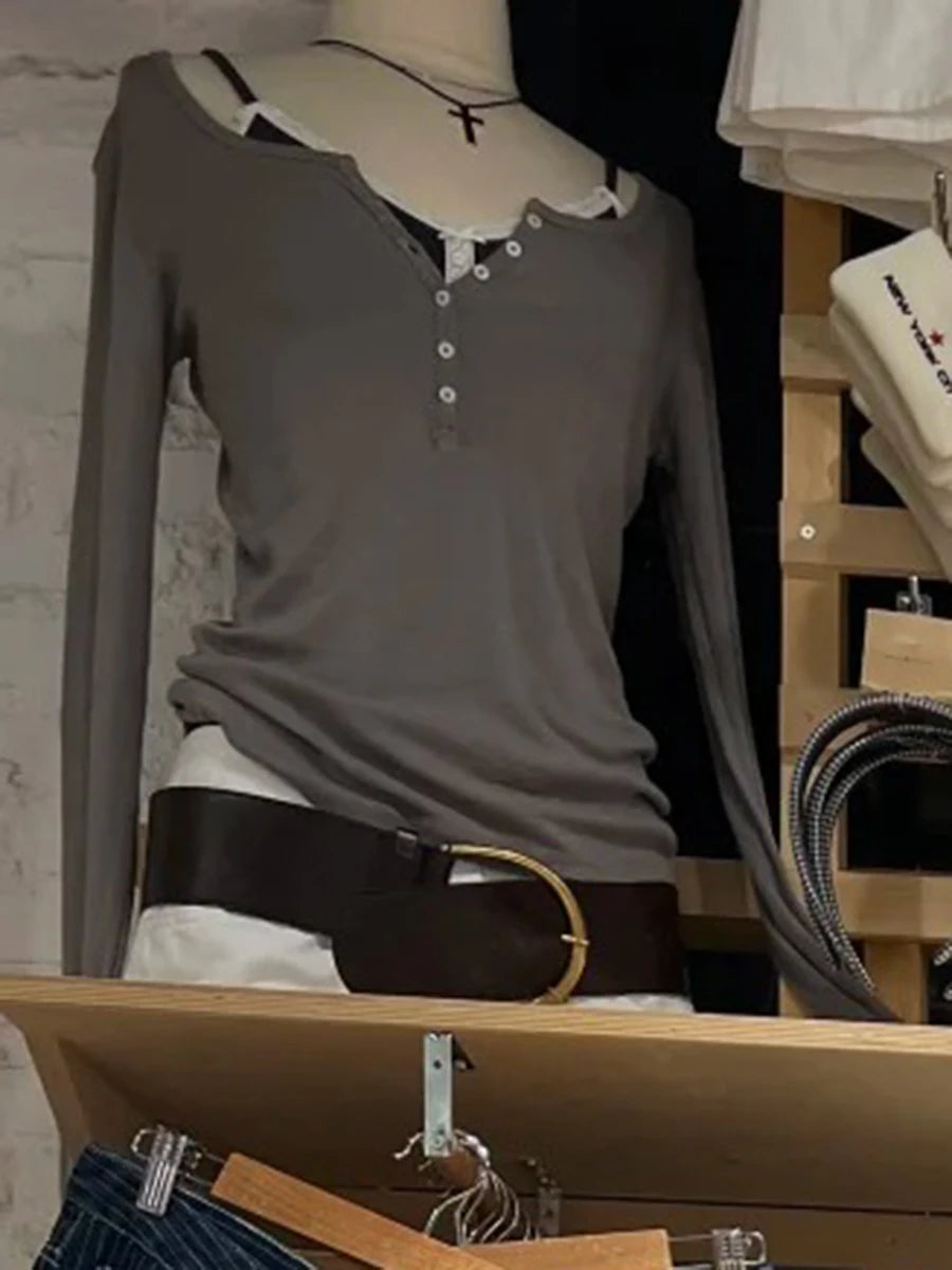 Pink Six Buttons Ribbed Long Sleeve T-shirts Women Spring Round Neck Cotton Slim Tee Top Female Cute Sweet Tshirt Y2k Tops New