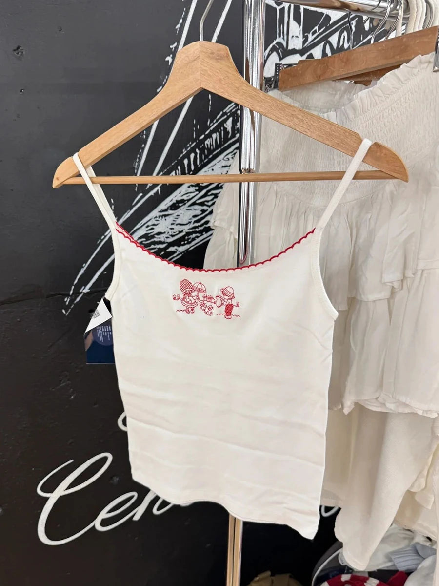 Cute Girls and Cats Embroidery Tank Top for Women Summer Cotton Lace Trim Sleeveless Camisole Sweet Preppy Style Top T shirt Y2K