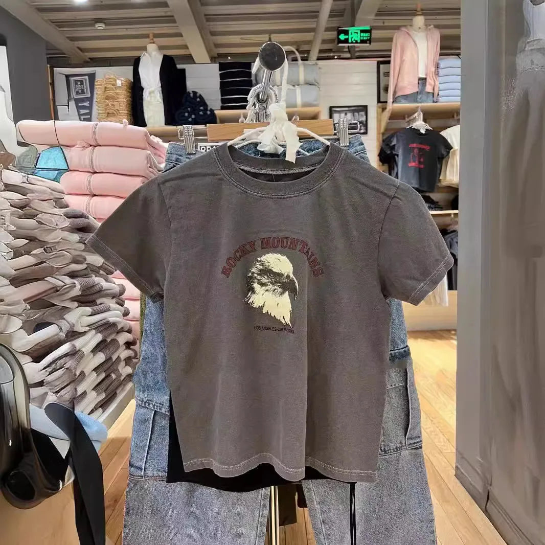 Graphic Print Short Sleeve Tees Women Summer Simple Casual Streetwear Cotton O-neck Slim Tops American Vintage T-shirts Y2K