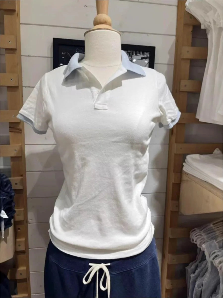 White Blue Patchwork Polo T-shirt Women Summer Cotton Turn Down Collar Short Sleeve Tees Sweet Preppy Style T Shirt Clothes Y2K