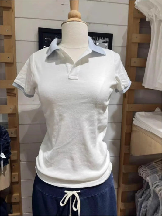 White Blue Patchwork Polo T-shirt Women Summer Cotton Turn Down Collar Short Sleeve Tees Sweet Preppy Style T Shirt Clothes Y2K