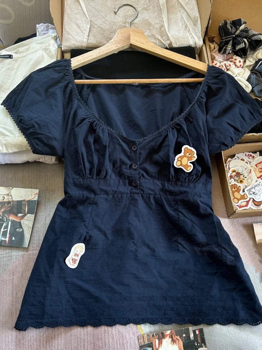 New Lace Trim Strap Cotton Short Sleeve Tees Female Casual Simple Sexy White Crew Neck Tops Clothes Sweet Cute Chic T-shirts Y2K
