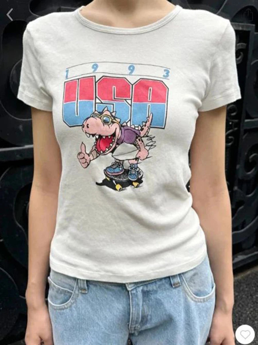 Dinosaur Print Slim T-shirts Women New Cotton Soft Chic O-neck Casual Short Sleeve Tees Harajuku Vintage Cartoon T-shirt Y2K New
