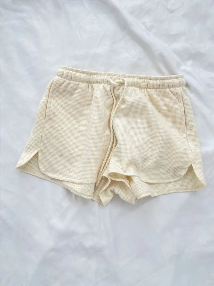 Yellow Duck Shorts 2 Pieces Set Women Bow Slim Eyelet Tank Top+Waffle Drawstring Straight Short Pant Outfit Sweet Cute Suit Sets