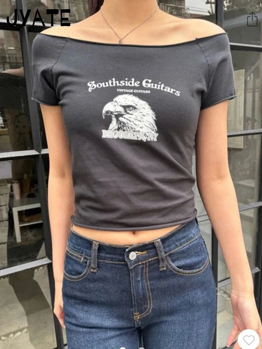 Letter Print Slash Neck T-shirts Women Summer New Black Raw Hem Cotton Short Sleeve Tees Vintage Cute Harajuku Tshirt Y2K Tops
