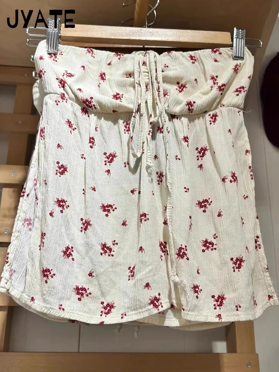 Floral Print Sexy Strap Halter Neck Camisole Women Summer Slim Streetwear Sleeveless Cropped Vests Sweet Cute Vintage Tank Tops