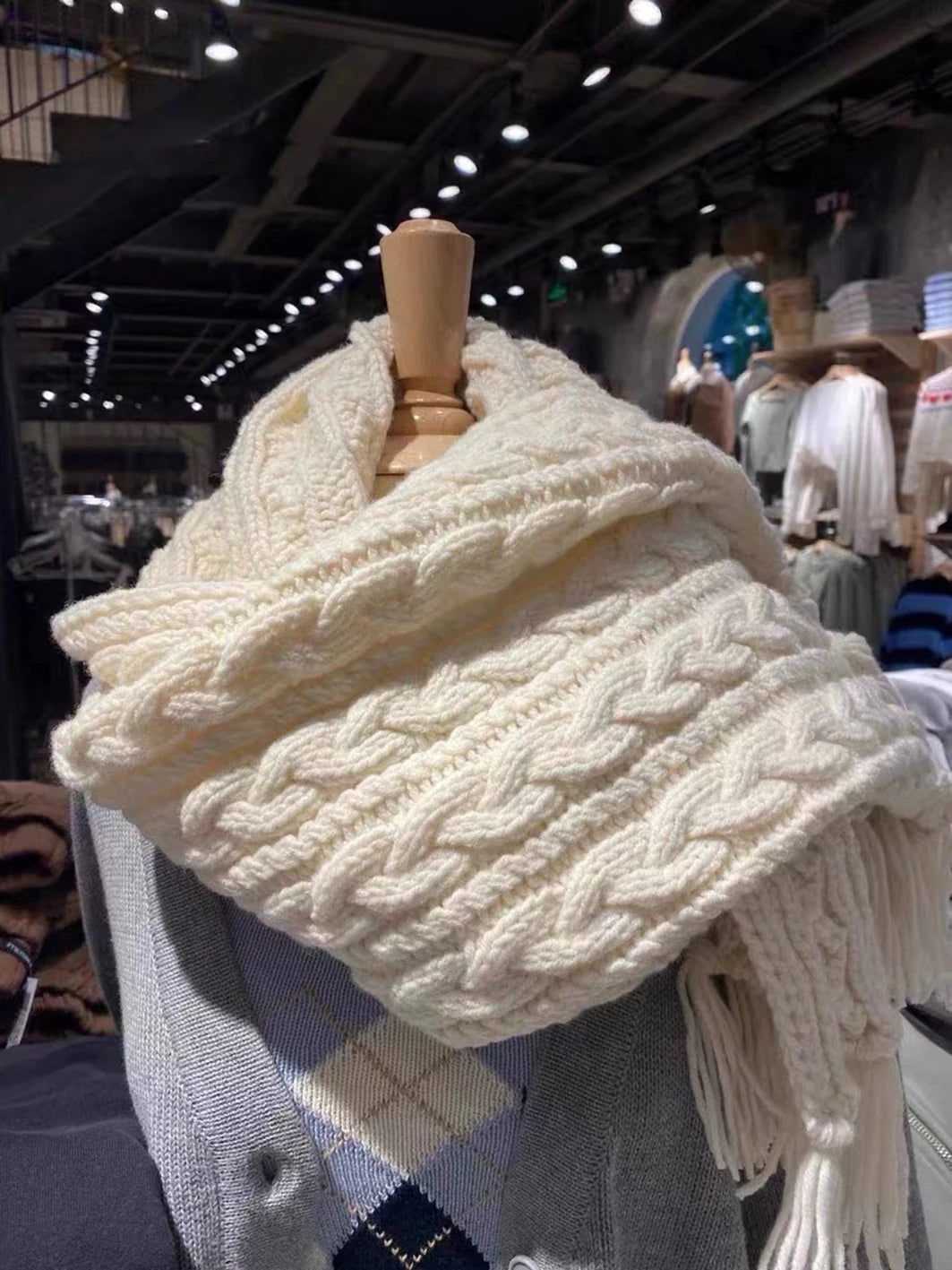 New Beige Tassel Twisted Flower Knitted Scarf Women Autumn Winter Unisex Thick Warm Solid Color Long Scarves Sweet Tassels Scarf