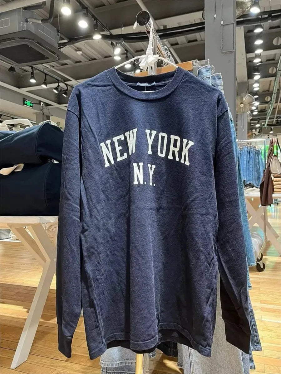 Vintage Letter Print Loose Long Sleeve Tee Women O-neck Cotton Casual Simple Tops Clothes Preppy Style Sweet Chic T-shirts Y2K