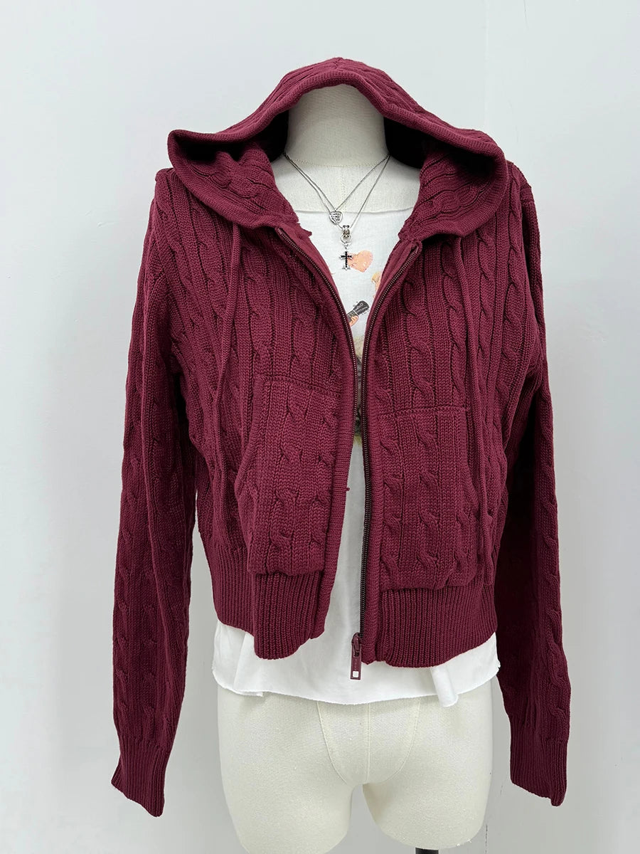 Sweet Twisted Flower Knitted Cardigan Sweater Women Long Sleeve Drawstring Hooded Zipper Streetwear Cute Sweaters Coat Y2K Tops