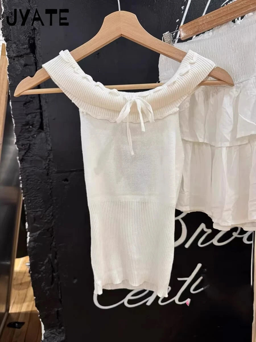Sweet White Lace-up Knitted Slim Cropped T-shirts Women Cotton Slash Neck Preppy Style Tees Vintage Chic Casual Crop Tops Y2K