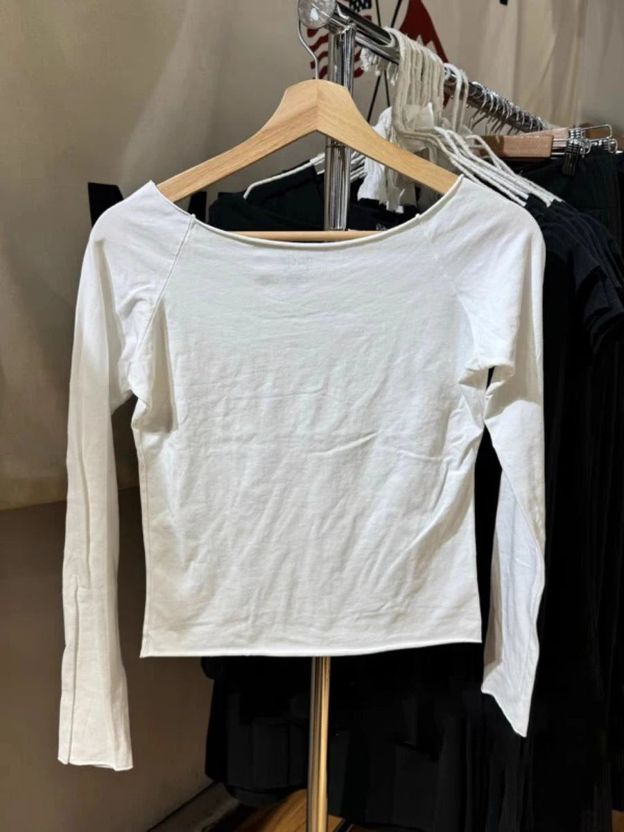 Cute Ballet Shoes Print Long Sleeve T-shirt Women Autumn Cotton Raw Hem Scoop Neck Slim Tee Top Sweet Preppy Style Crop Tops Y2K