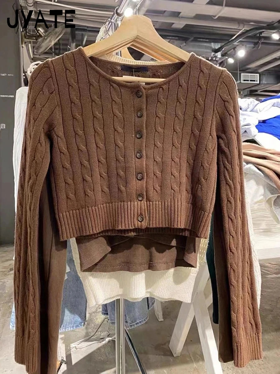 Drak Green O-neck Knit Cardigan Women Spring Cotton Casual Streetwear Slim Cropped Sweaters Vintage Simple Sweet Kniitwear Y2K