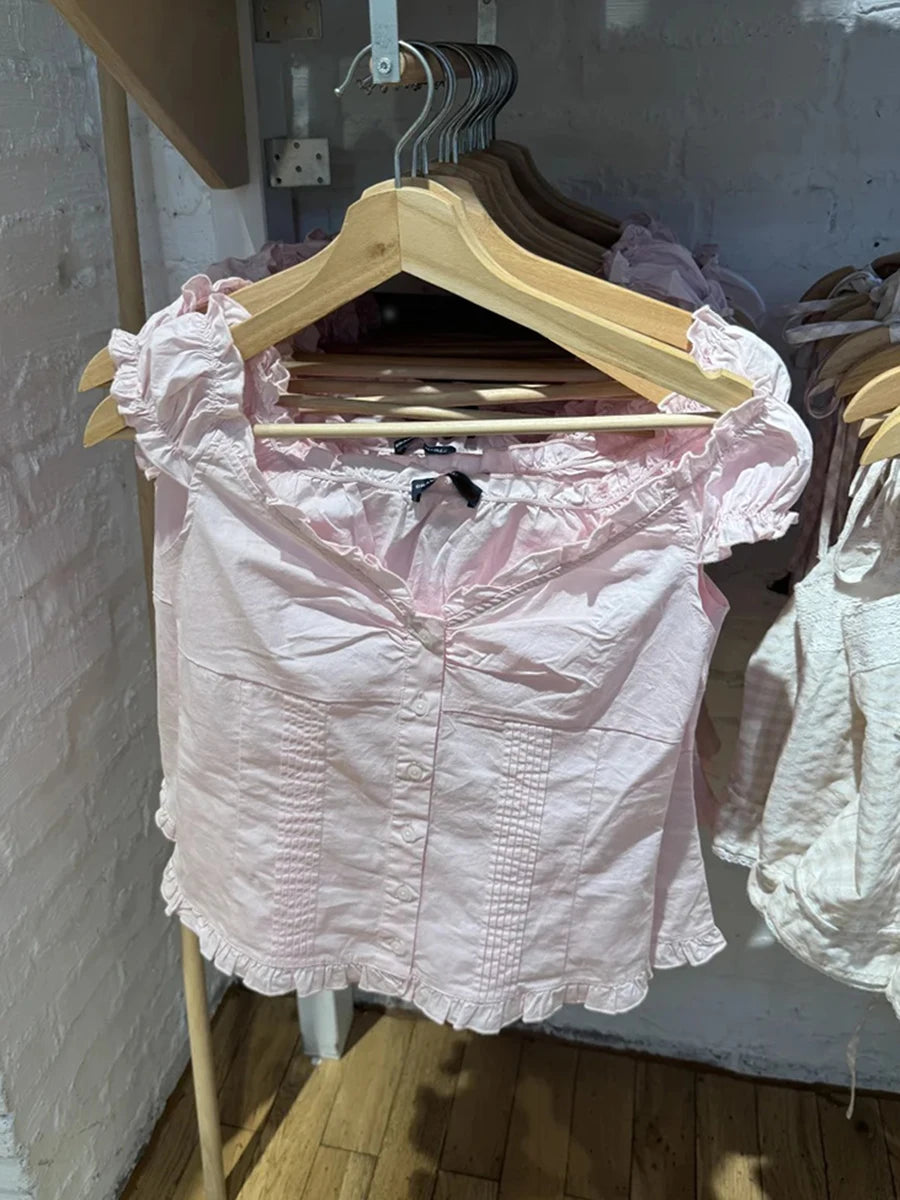 Sweet Pink Folds Blouse Top Women Summer Casual Single Breasted Ruffle Sleeveless Tank Tops Vest Female Cute Preppy Style Camis