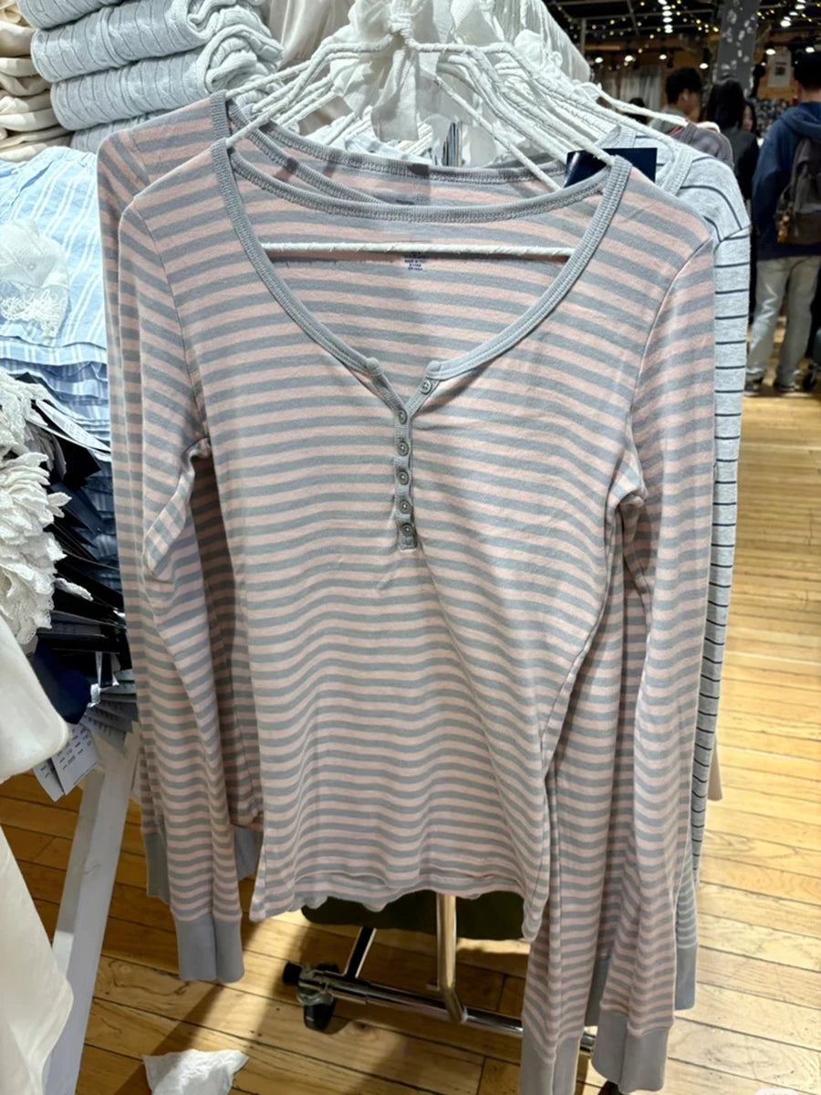 Sweet Pink Gray Striped Long Sleeve Tees Women Autumn Cute Cotton Buttons Slim T Shirt Tops Shoujo Clothes Simple Basic T-shirts