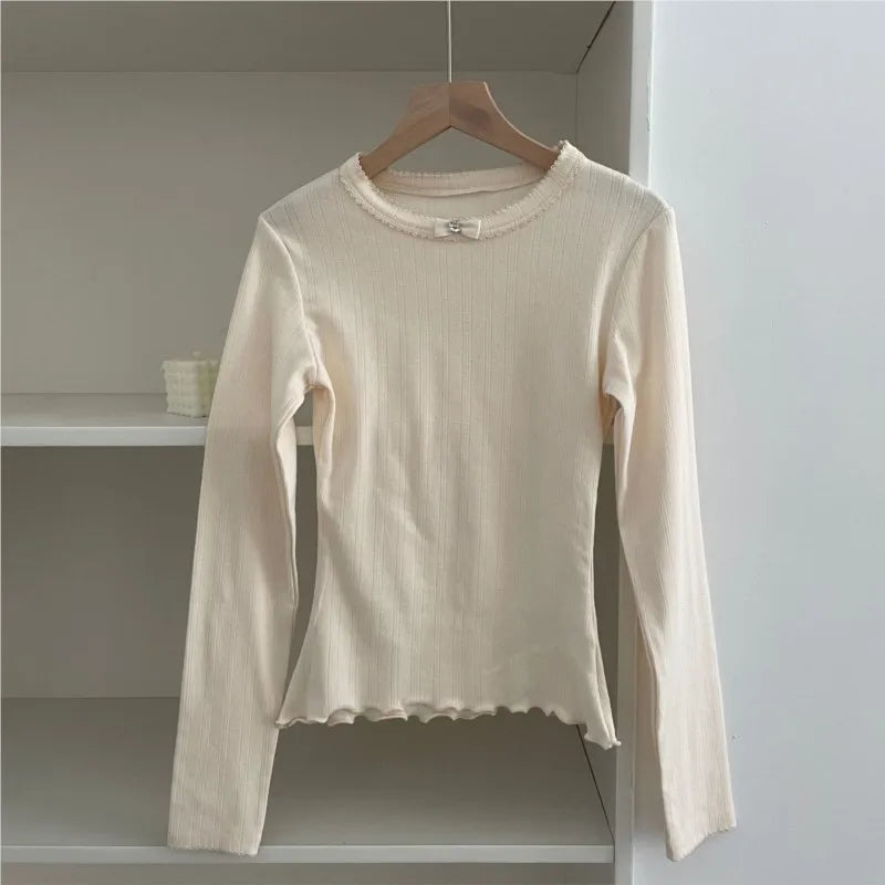 Sweet Lace Trim Long Sleeve Tee Women Summer New Streetwear Casual O-neck Bow Tshirt Tops Vintage Cute Preppy Style T-shirts Y2K