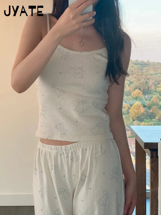 Rabbit Print Eyelet 2 Pieces Set Women Casual Cotton Soft Pajama Camisole+Long Pants Cozy Cute Sweet Tank Tops Trousers Sets Y2K